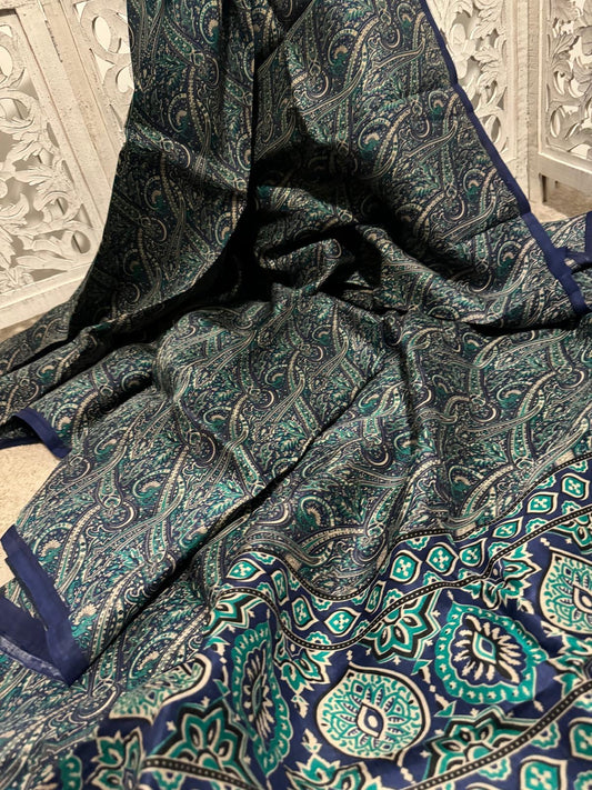 Soft Silk Navy blue/green paisley design