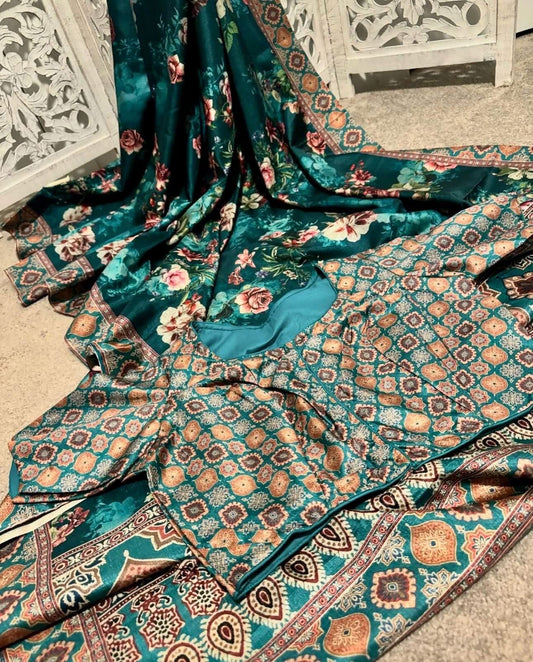 Soft Silk floral green Tussar