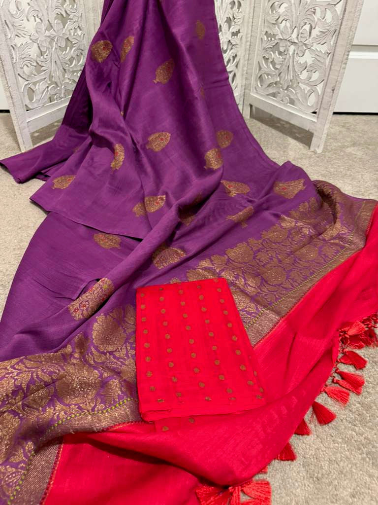 Deep purple / orange borderless pure Munga Benarasi with Minakari
