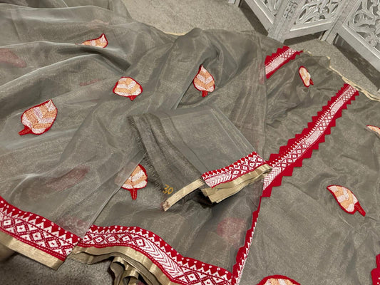 Pure Organza tissue with applique embroidery Grey
