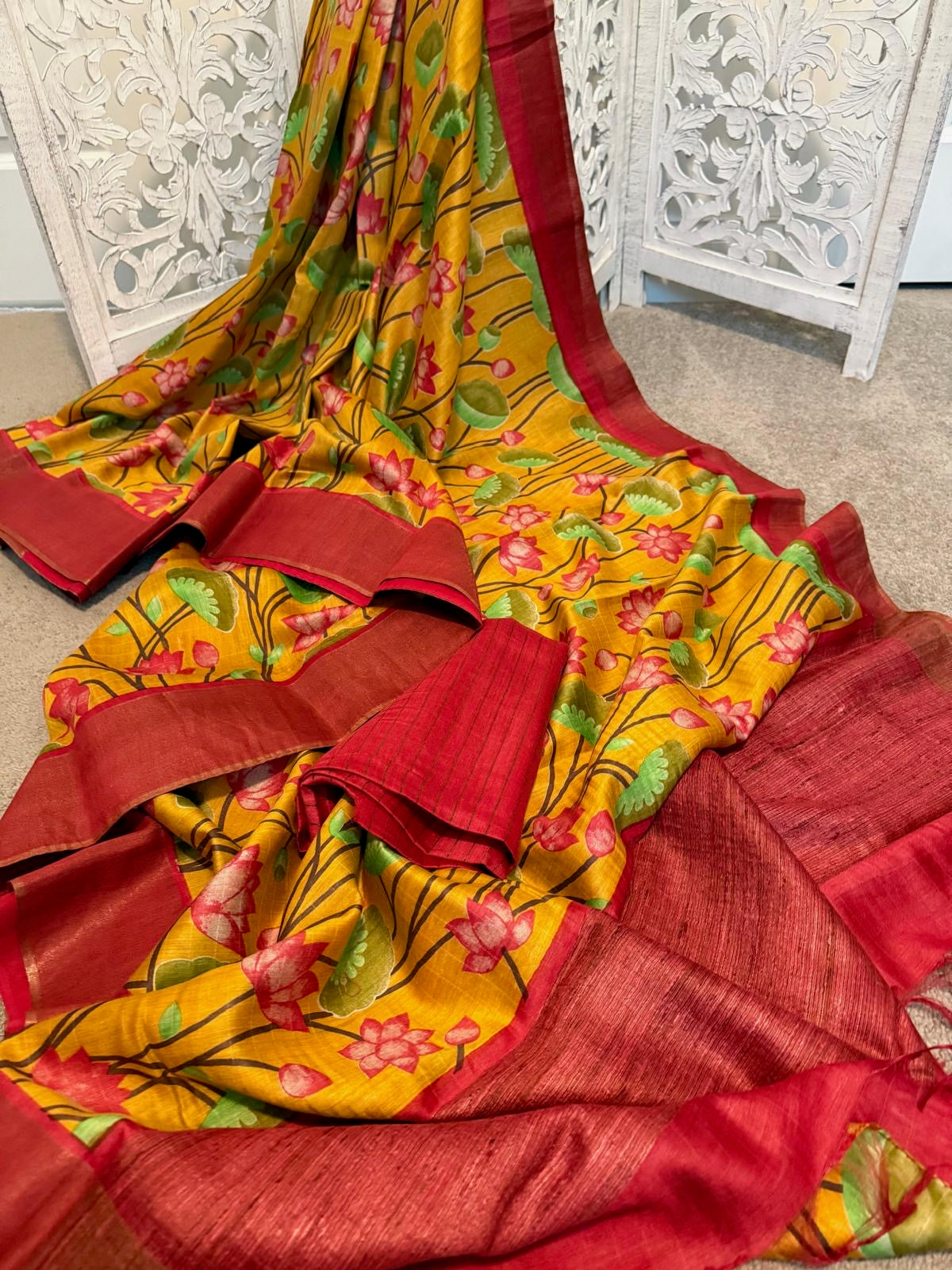 yellow / red pure tussar silk with zari floral