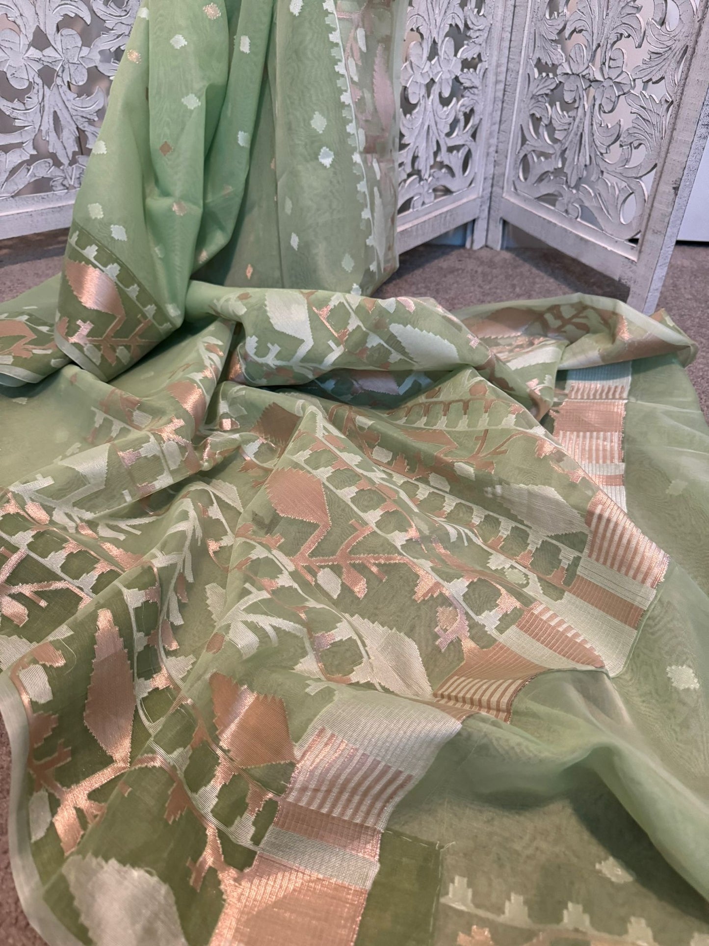 Pista green tissue silk Jamdani