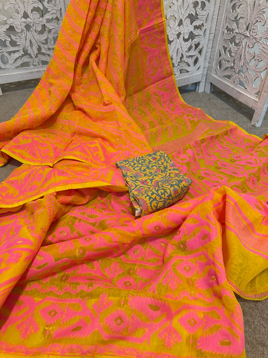 Orange / pink gold Zari soft Jamdani