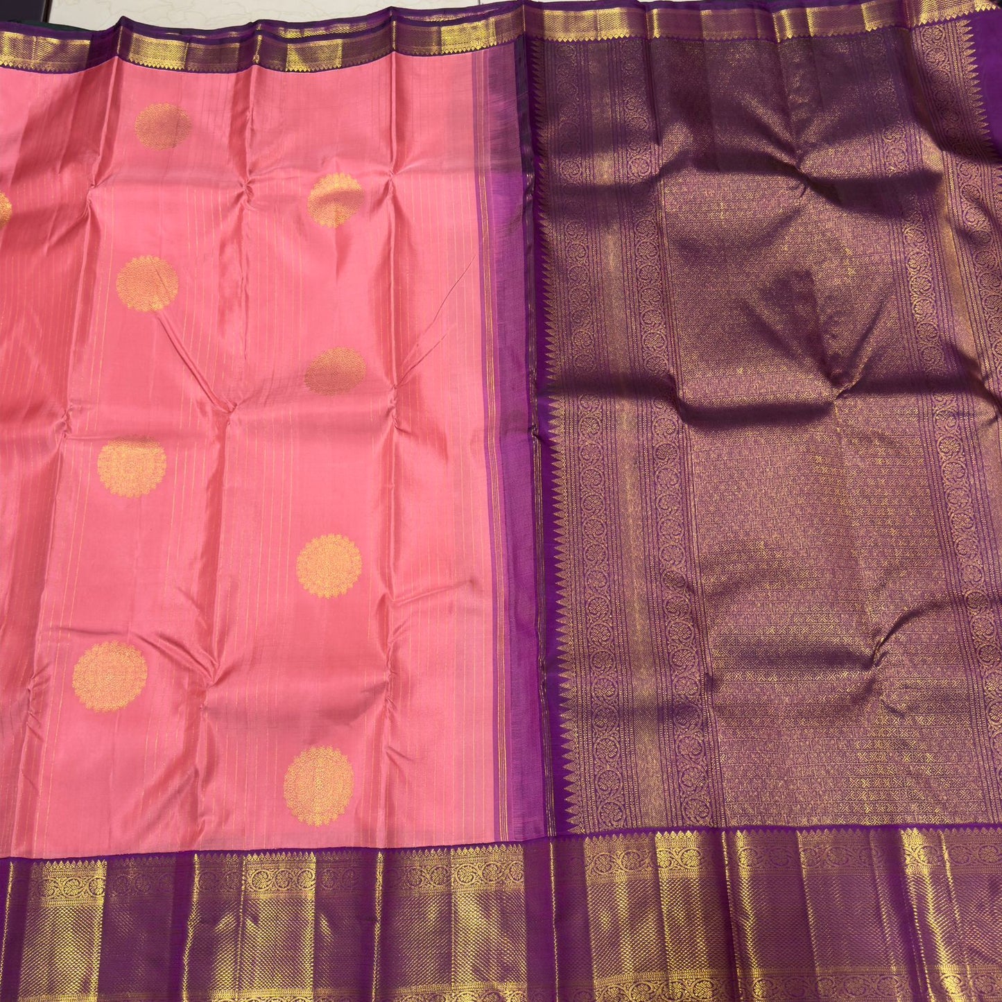 Peach with dark wine buttas & Jari stripes Korvai