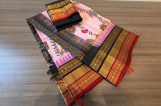 Baby Pink / red black rettapate block print korvai