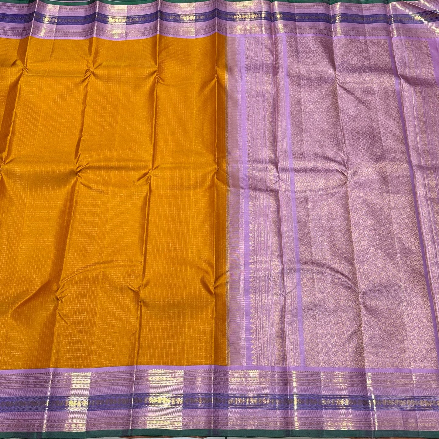 Golden mustard with lavender Zari checks korvai