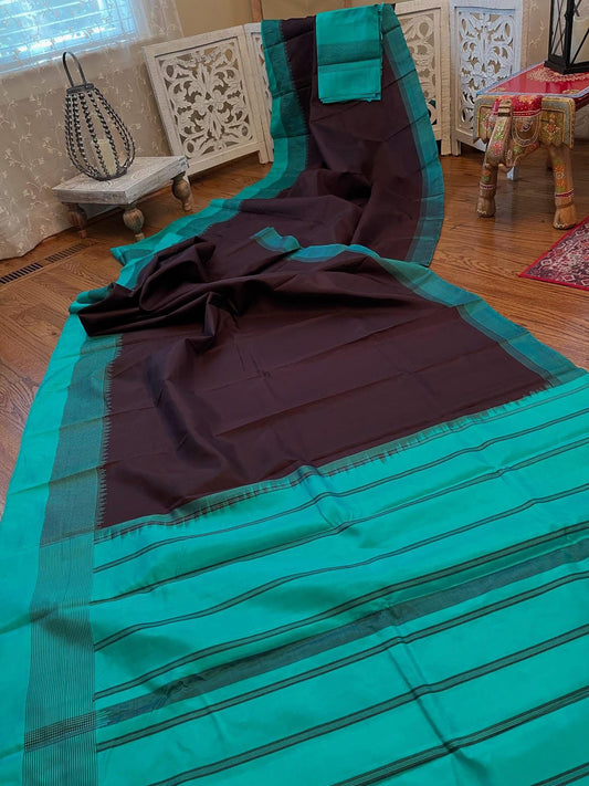 Coffee brown / teal tussar silk