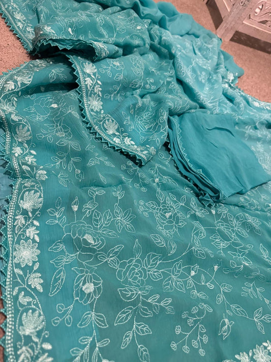 Chikkankari on georgette Teal