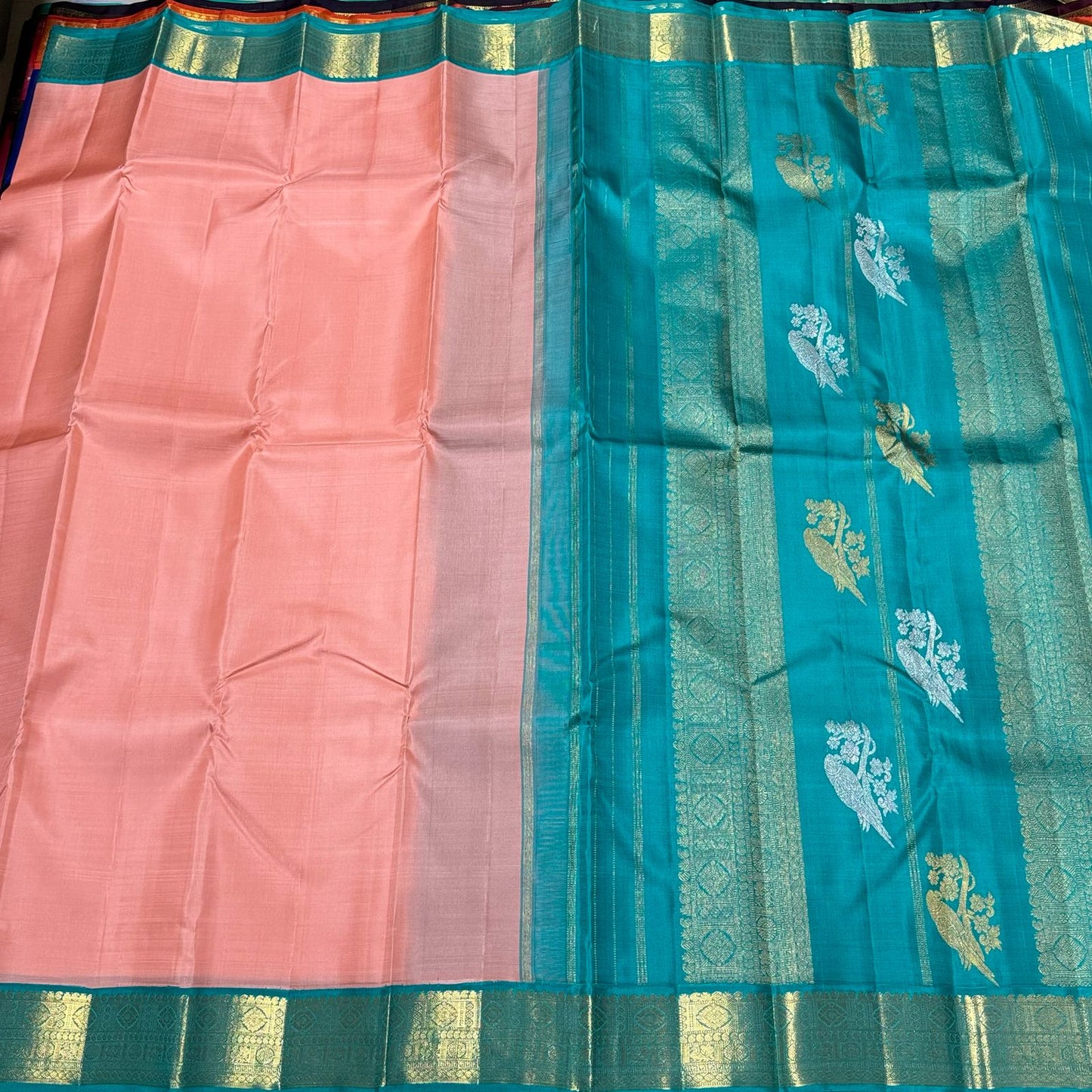 Peach with Turquoise green kili pallu korvai