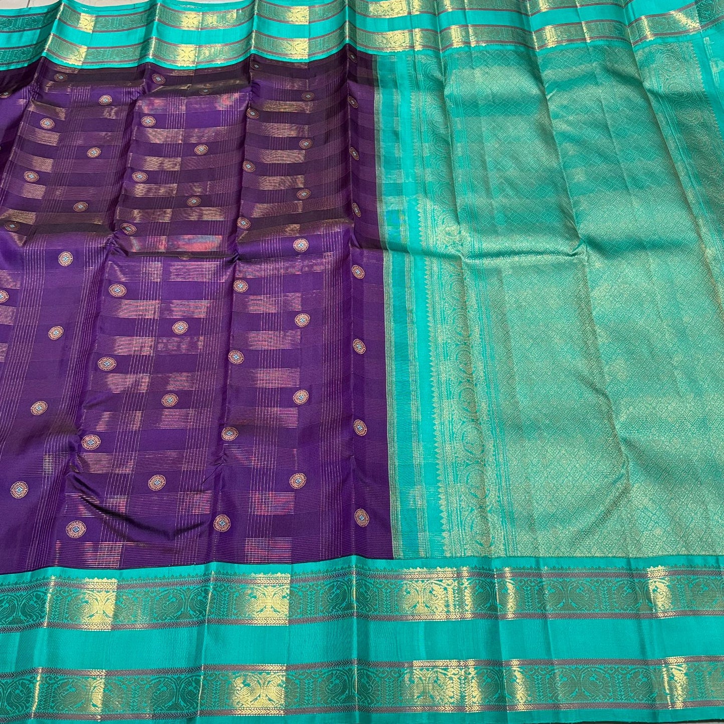 Purple / turquoise blue korvai checks / buttas