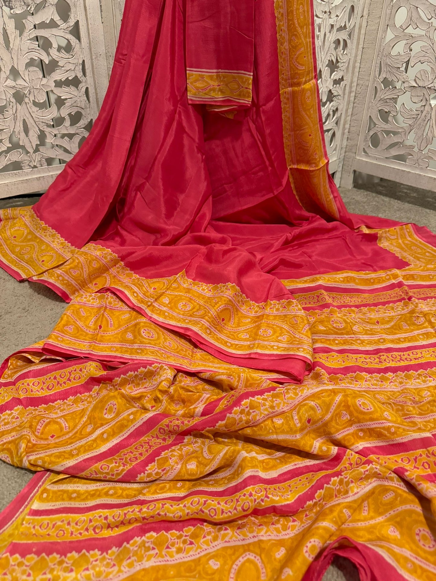 Pink with Mustard Munga Georgette Daboo Block Print