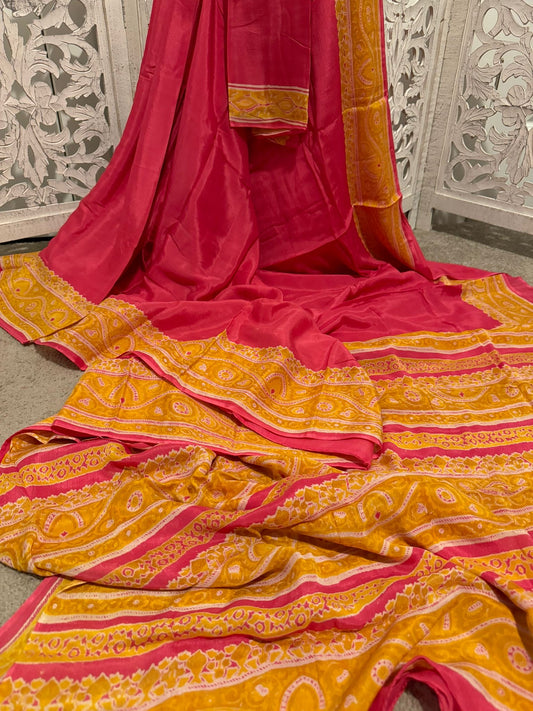 Pink with Mustard Munga Georgette Daboo Block Print