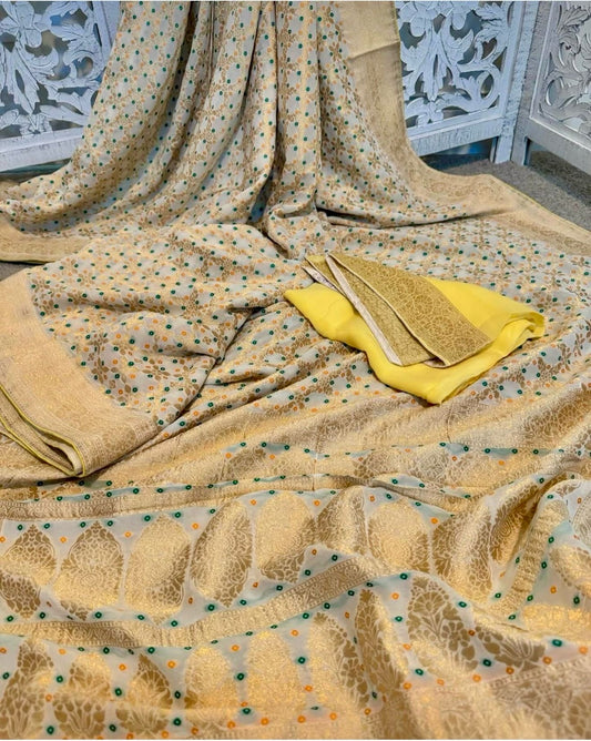 Pure benarasi Khaddi Georgette gold / Lemon yelow
