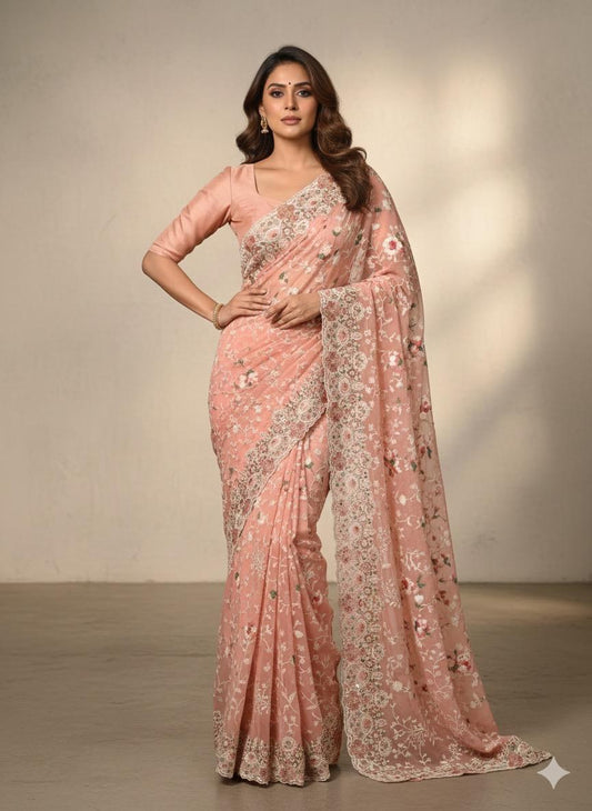 Chikkankari on Pure Mashru Crepe - Peach