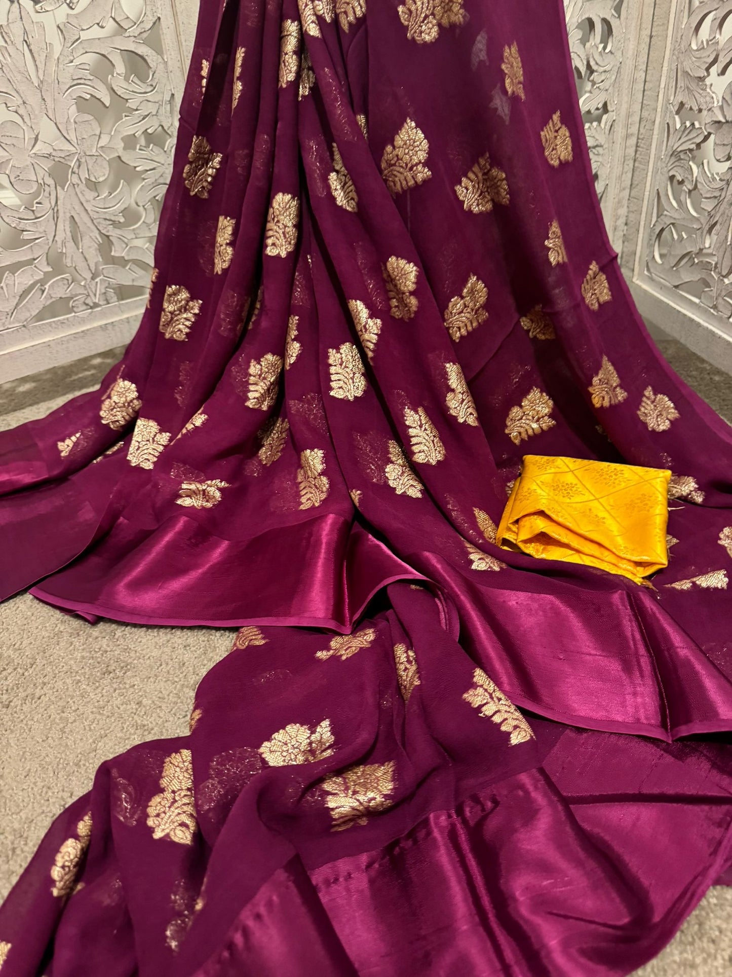 Wine Georgette satin silk border