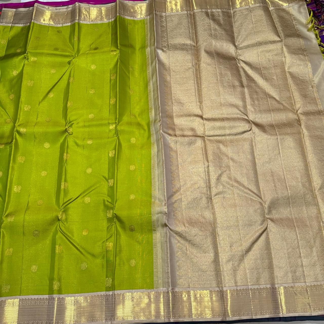 Olive green pinkish beige vairaoosi mayil chakram buttas korvai