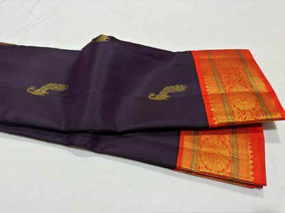 Dark coffee brown with orange peacock motiffs korvai