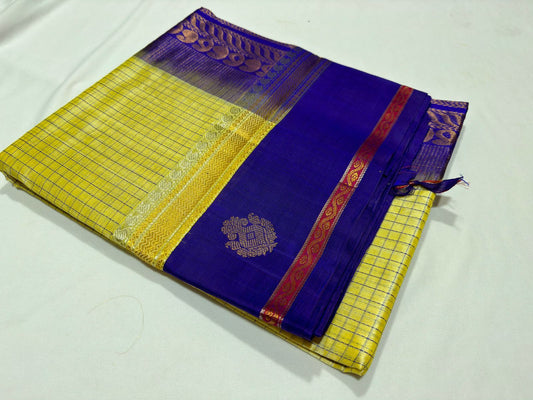 Korvai border / buttas yellow with royal blue checks