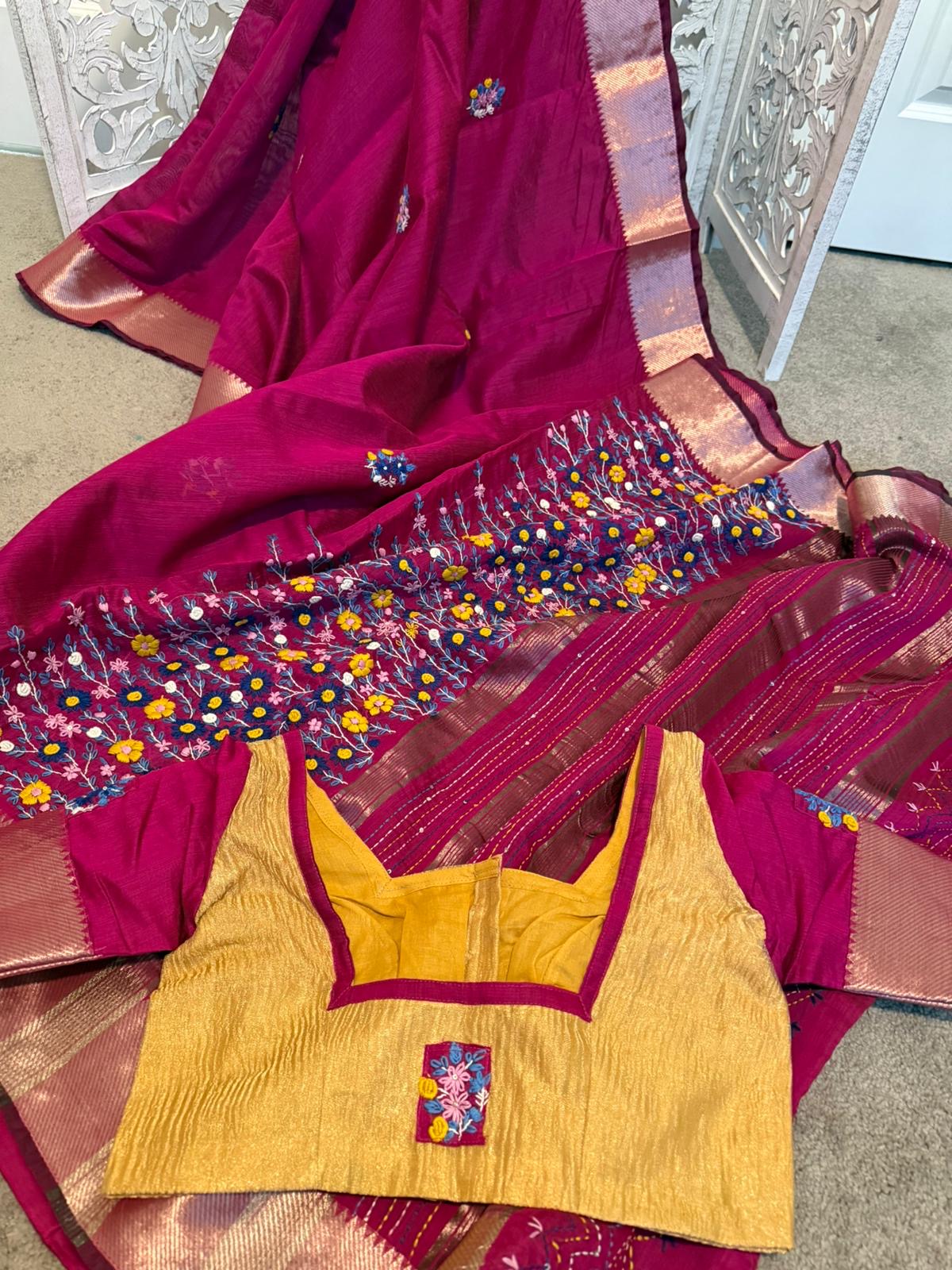 French embroidery on pure mangalagiri silk Maroon