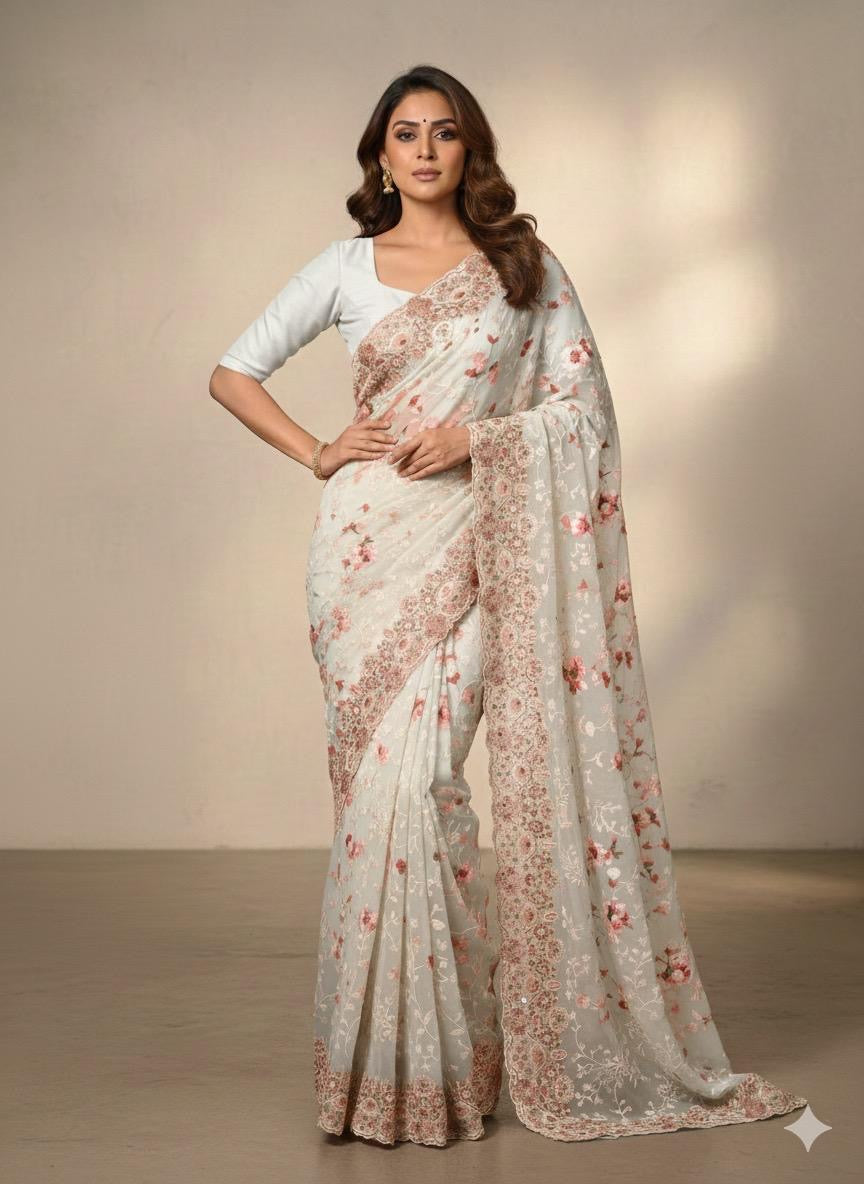 Chikkankari on Pure Mashru Crepe - white
