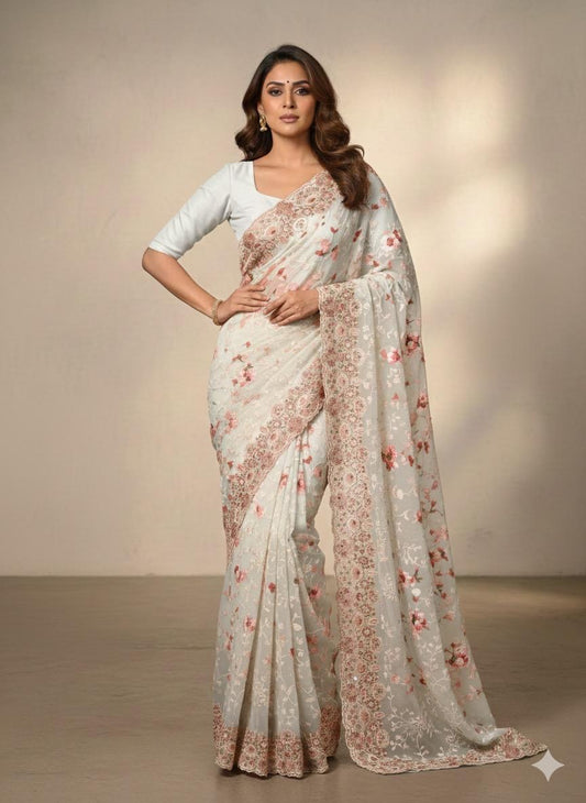 Chikkankari on Pure Mashru Crepe - white