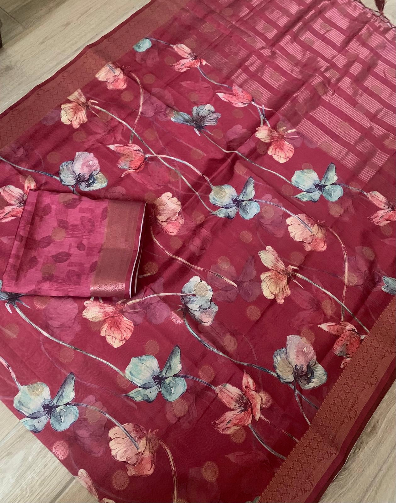 Dark maroon brick red dual tone floral