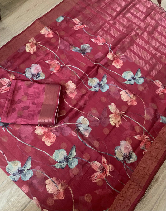 Dark maroon brick red dual tone floral