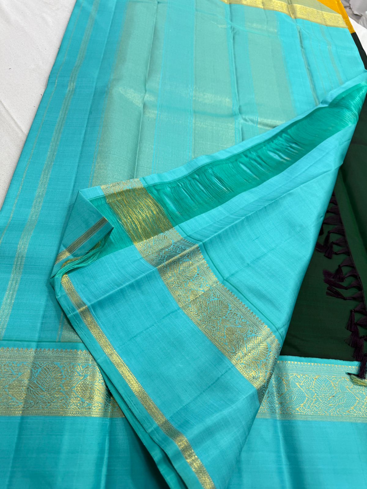 Dark green mustard teal Ganga Jamuna Korvai