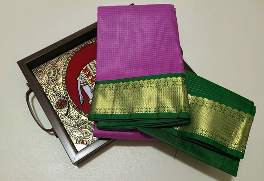 Lilac/bottlegreen Zari checks korvai