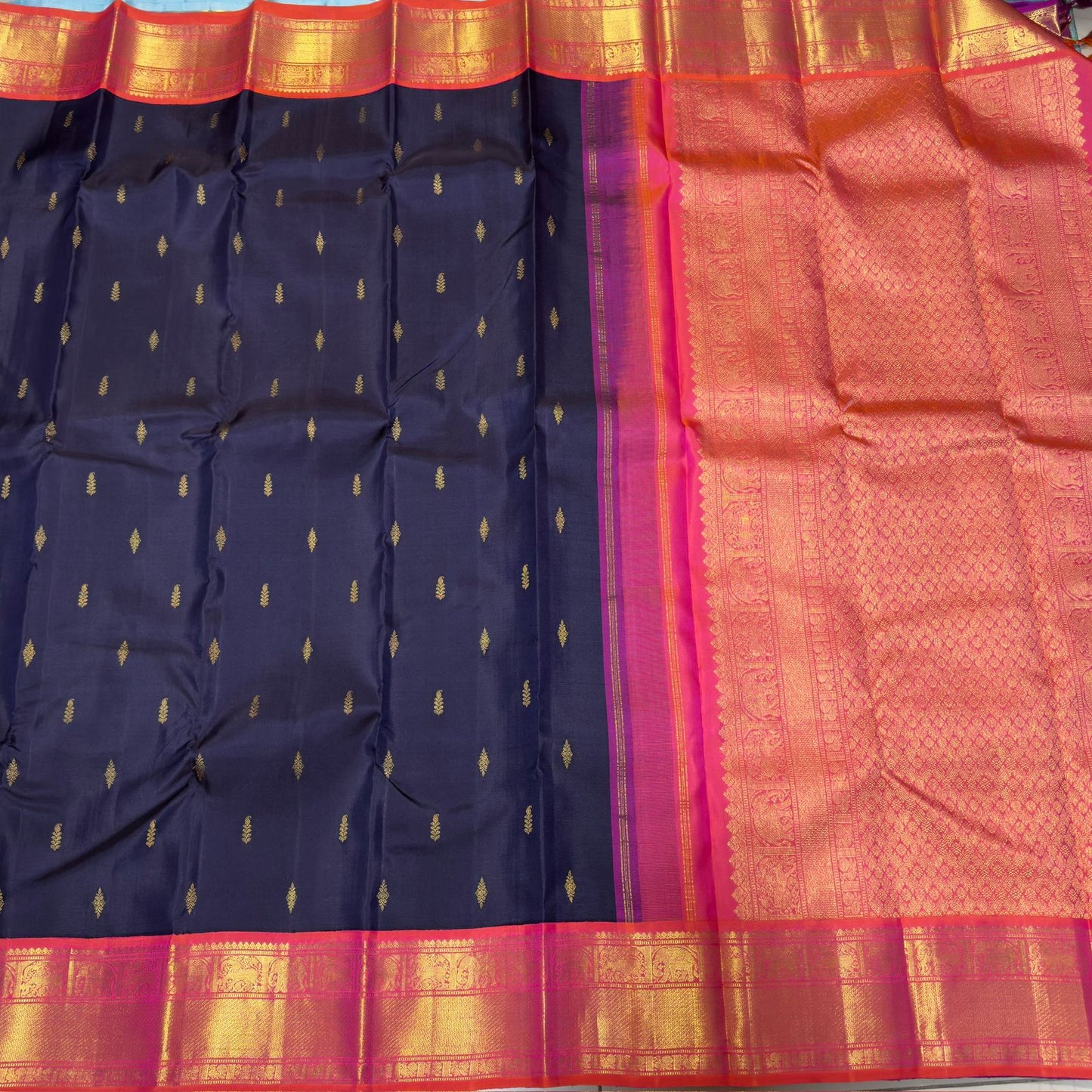Navy blue with peach
