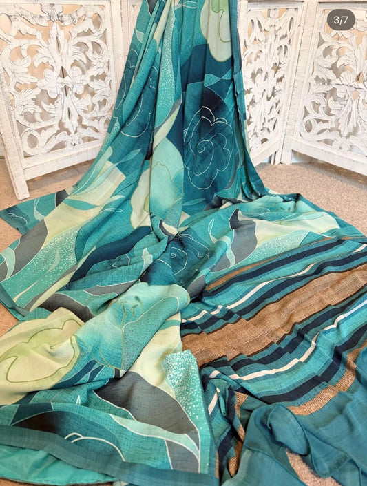 Light weight tussar Crepe abstract design dual tone green