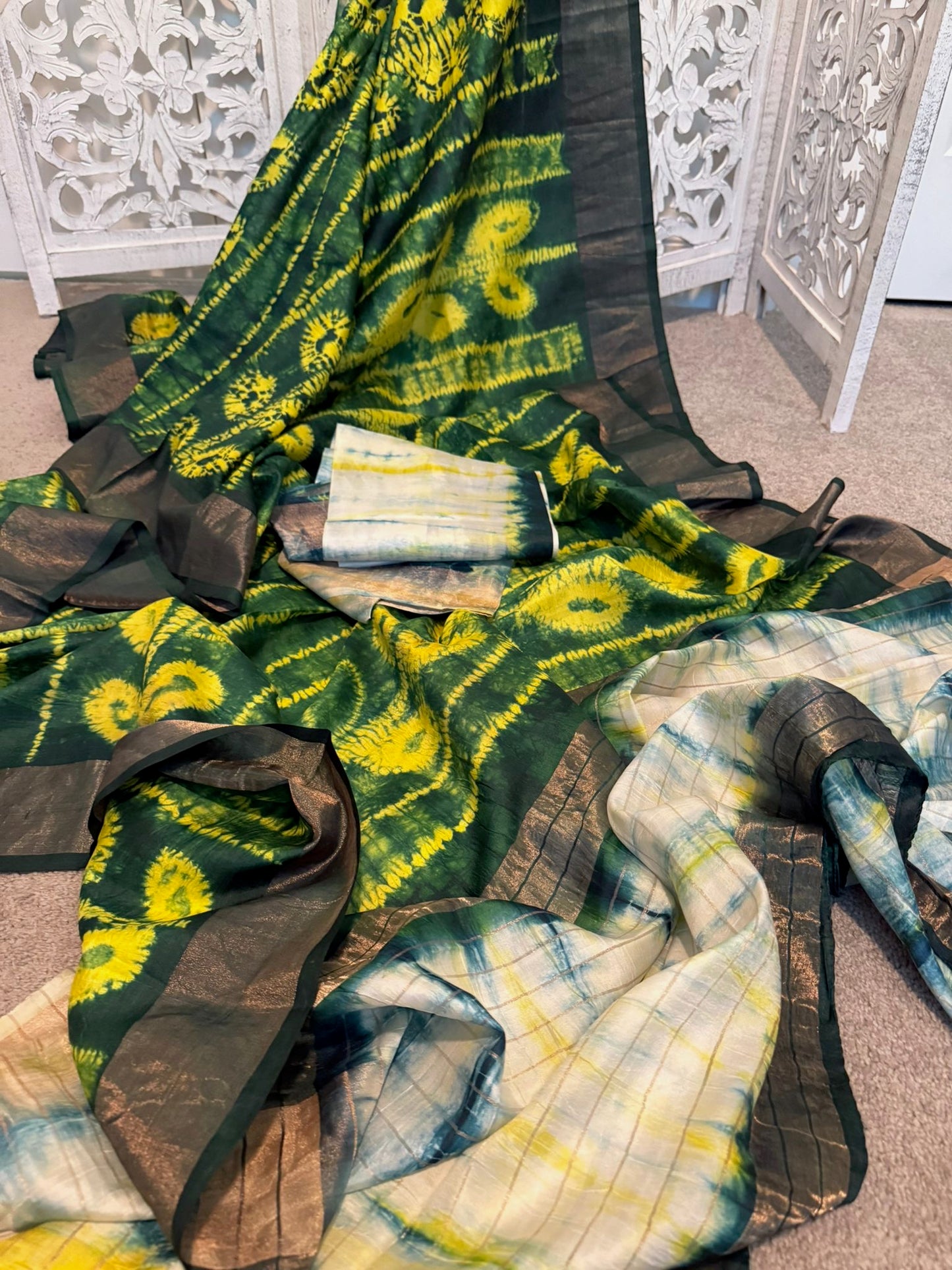 Pure Zari Tussar Silk Tye & dye Green / yellow