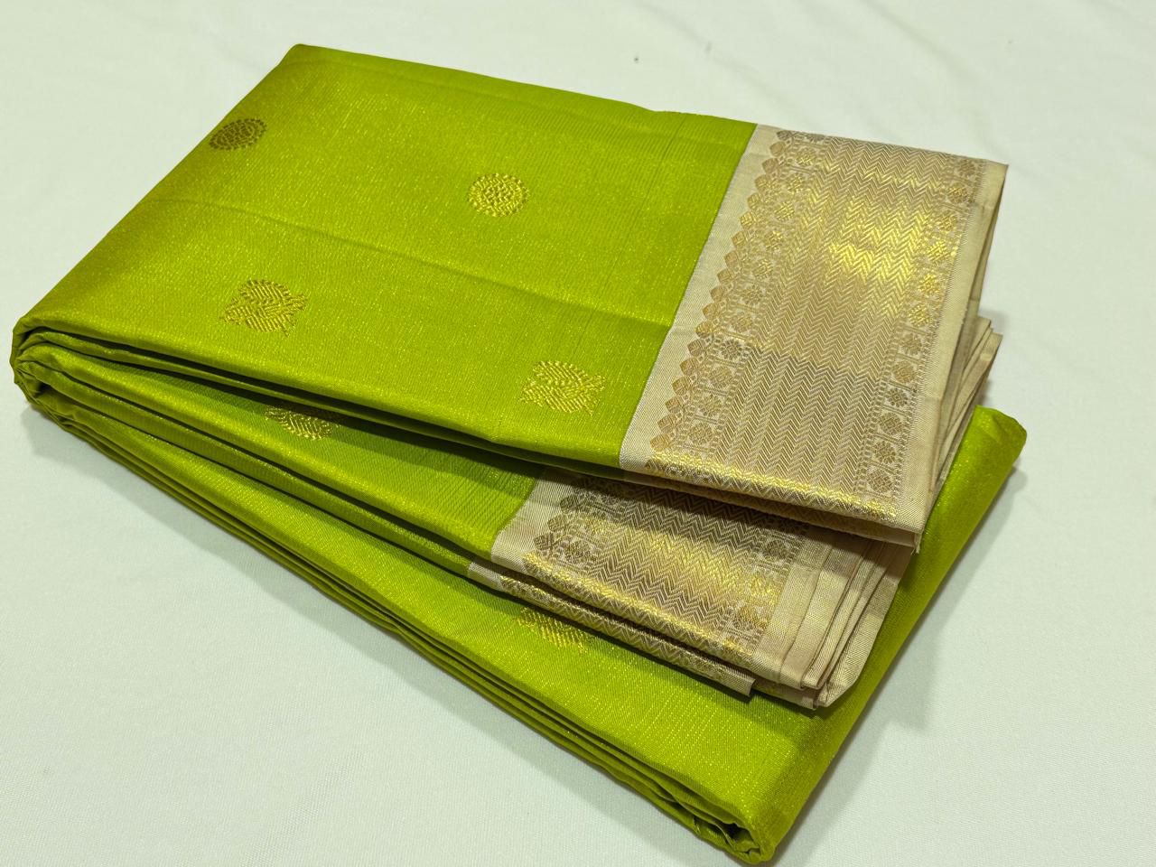 Olive green pinkish beige vairaoosi mayil chakram buttas korvai