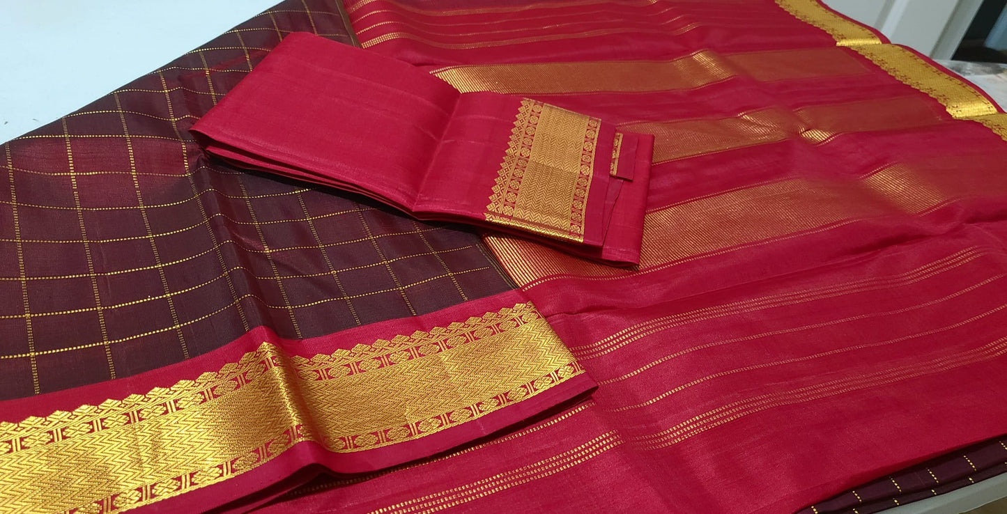 Brown with maroon Zari checks