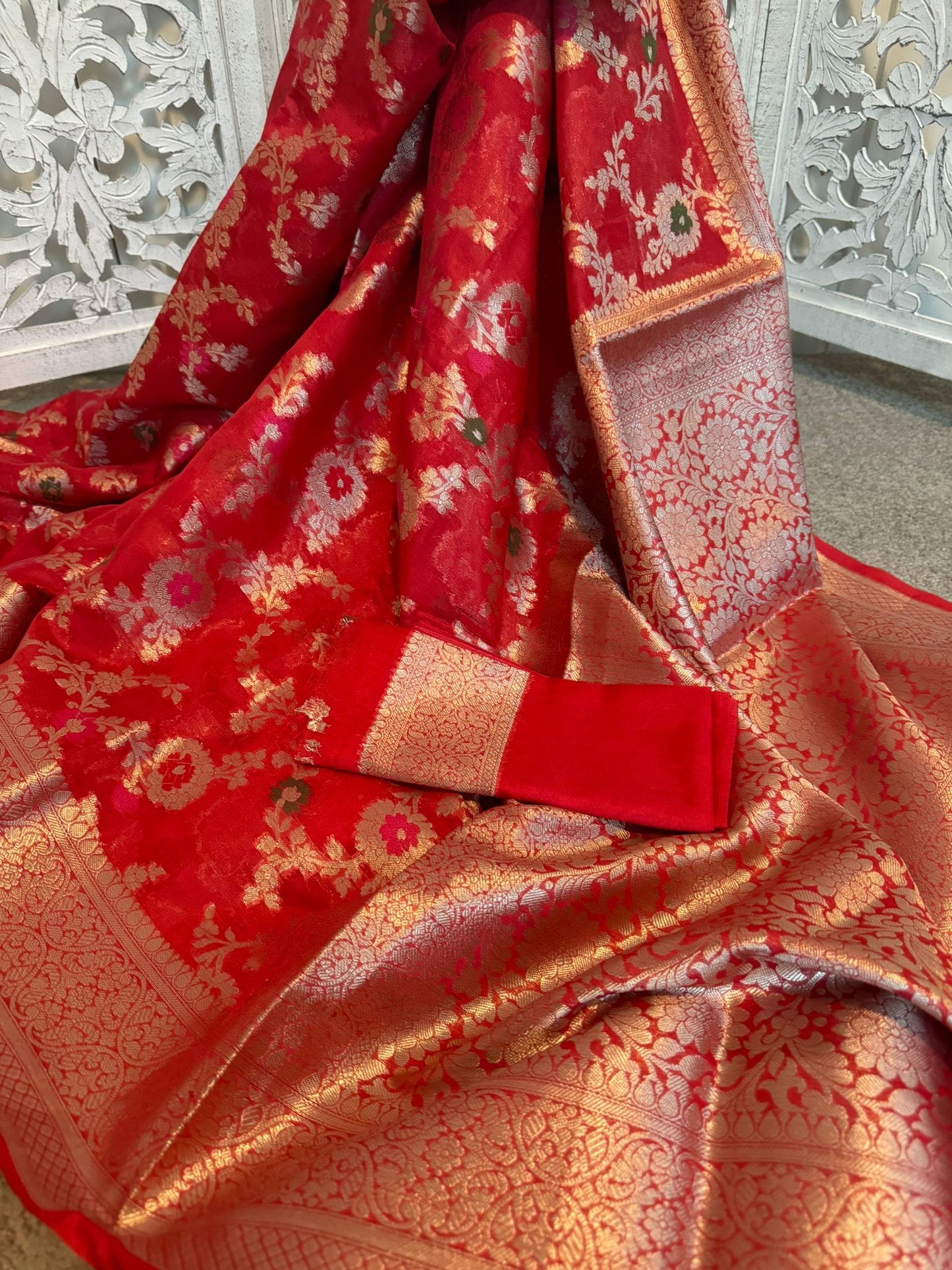 Soft silk benarasi tomato red floral