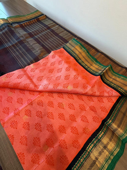 Flame orange / coffee brown abstract print korvai