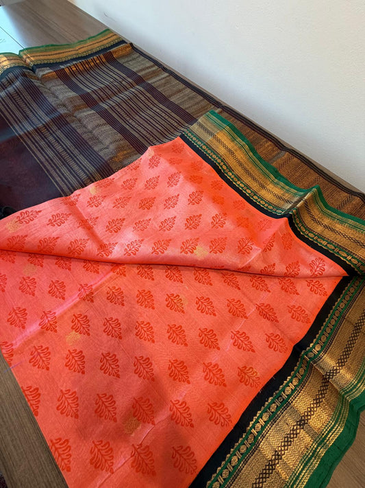 Flame orange / coffee brown abstract print korvai