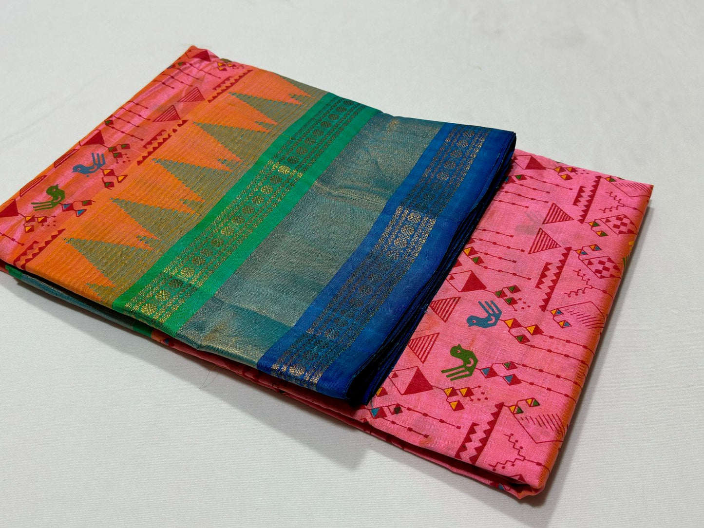 Korvai Hand block worli print peach with double color