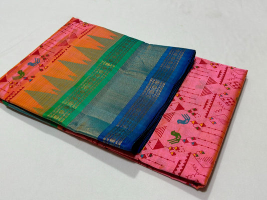 Korvai Hand block worli print peach with double color