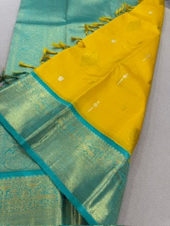 Mustard yellow / teal gold / silver buttas korvai