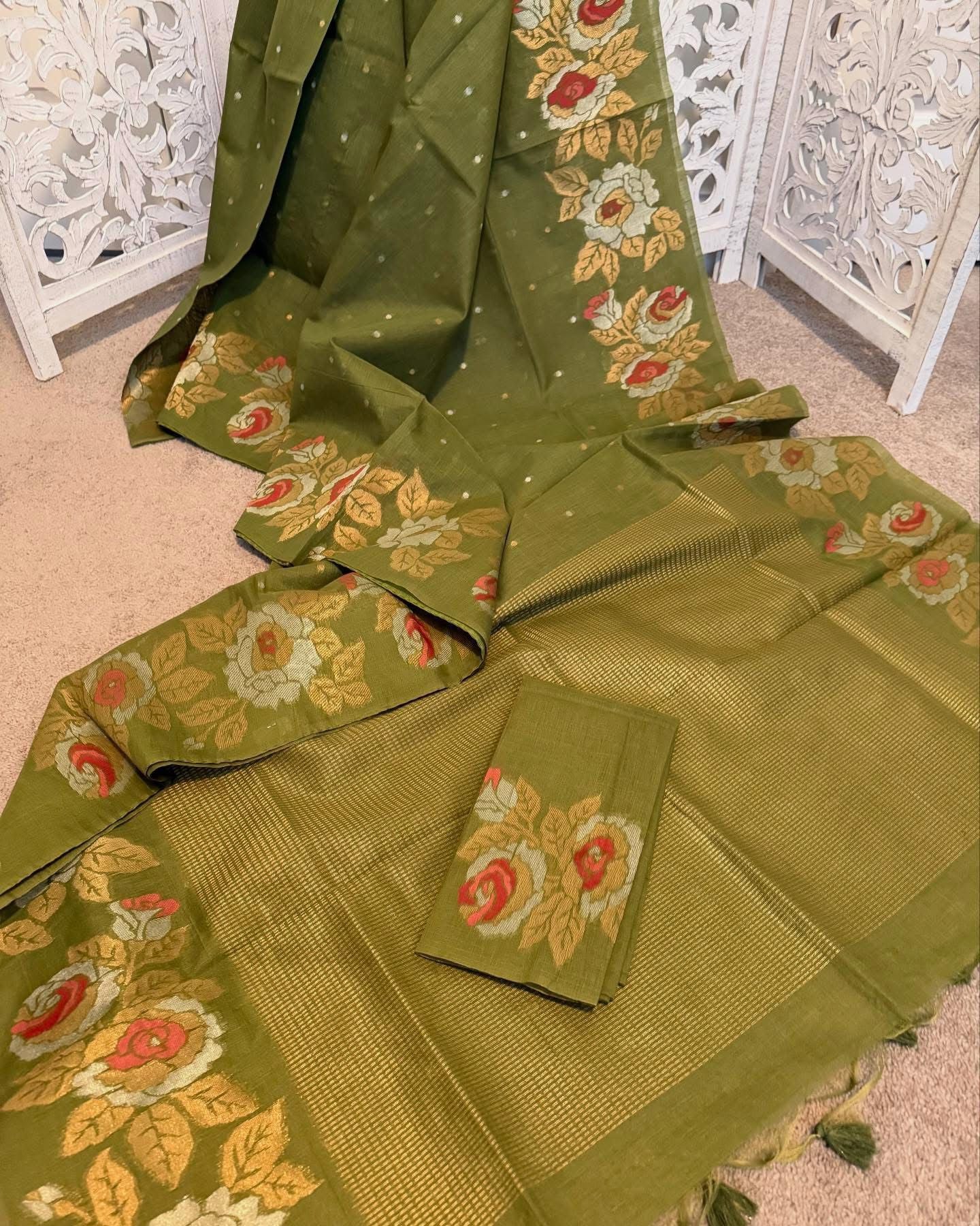 Olive green Matka Tussar