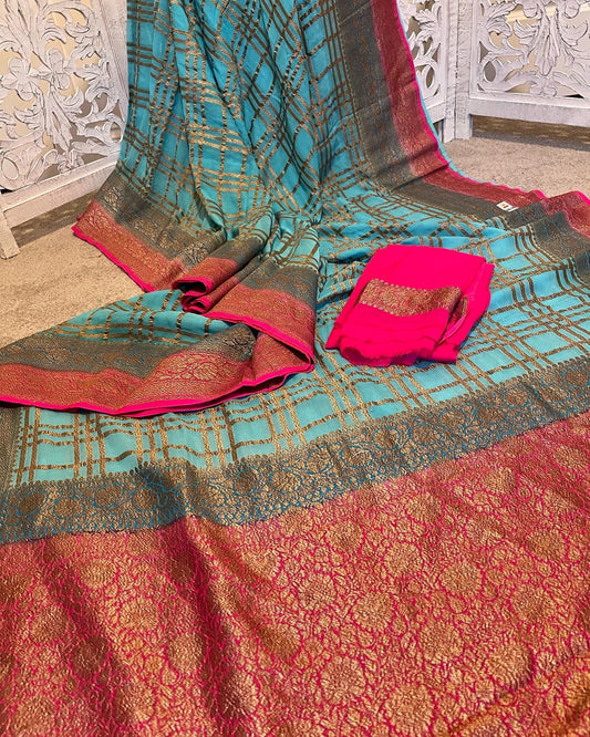Light blue with Rani Pink Zari checks benarasi