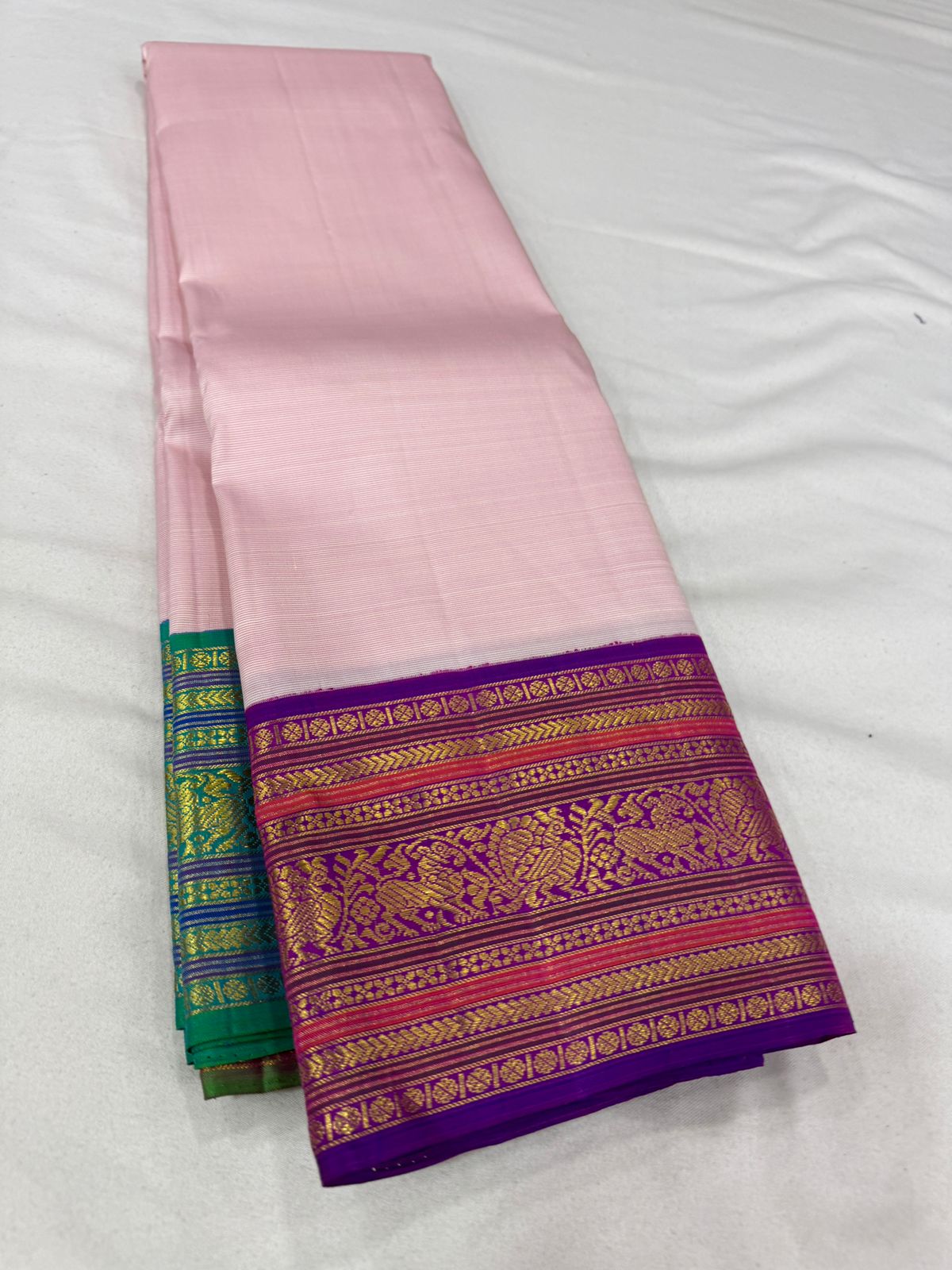 Baby pink Ganga Jamuna muted lines korvai