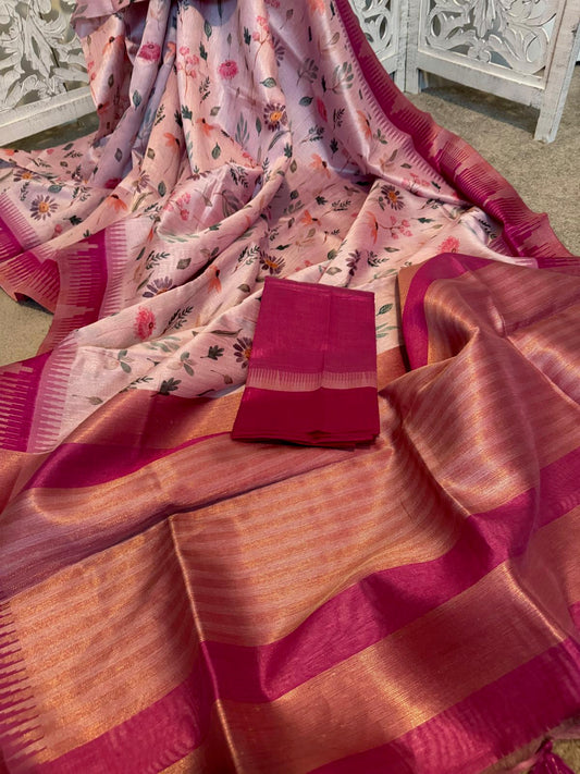Baby pink floral soft tussar silk