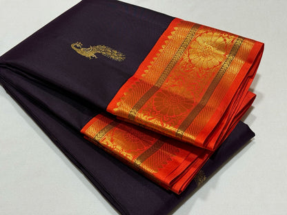 Dark coffee brown with orange peacock motiffs korvai
