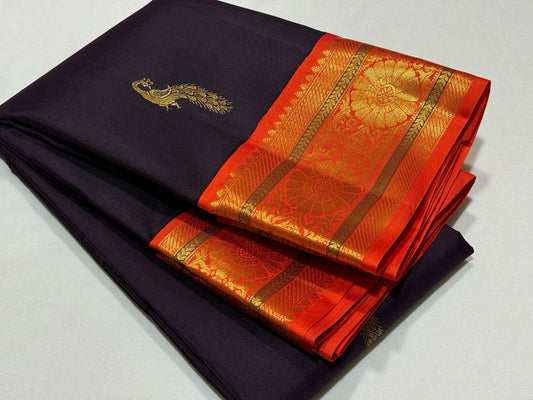 Dark coffee brown with orange peacock motiffs korvai