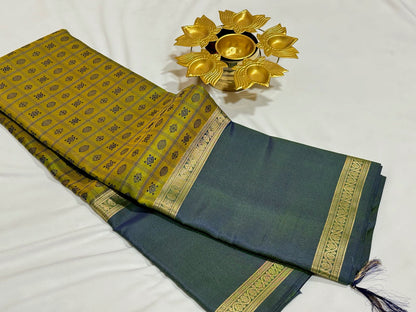Olive green with dual tone Ramar green 1000 buttas rettapate border