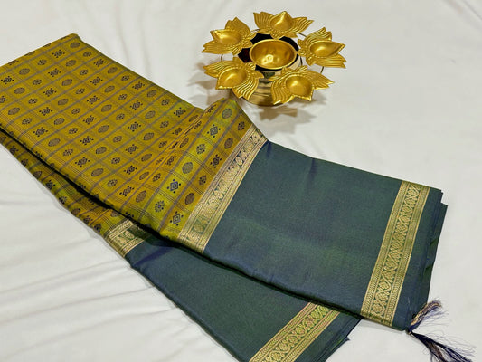 Olive green with dual tone Ramar green 1000 buttas rettapate border