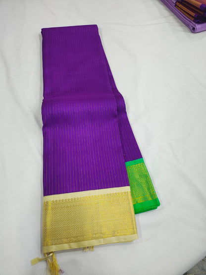 Deep magenta violet Ganga Jamuna korvaihorizontal Zari lines