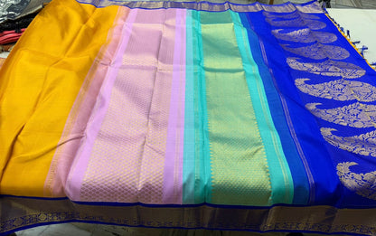 Yellow / blue korvai tri colored pallu